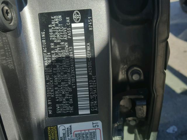 4T1BE32K04U928413 - 2004 TOYOTA CAMRY LE GRAY photo 10