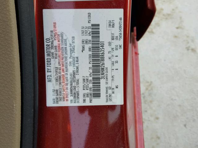 3LNHM26T88R635401 - 2008 LINCOLN MKZ RED photo 10