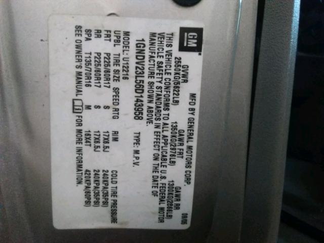 1GNDV23L56D143958 - 2006 CHEVROLET UPLANDER L SILVER photo 10