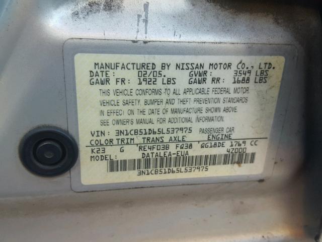 3N1CB51D65L537975 - 2005 NISSAN SENTRA 1.8 SILVER photo 10