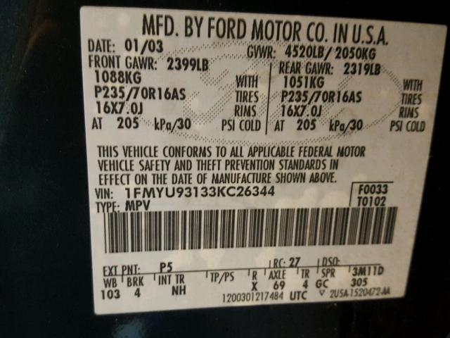 1FMYU93133KC26344 - 2003 FORD ESCAPE XLT BLACK photo 10