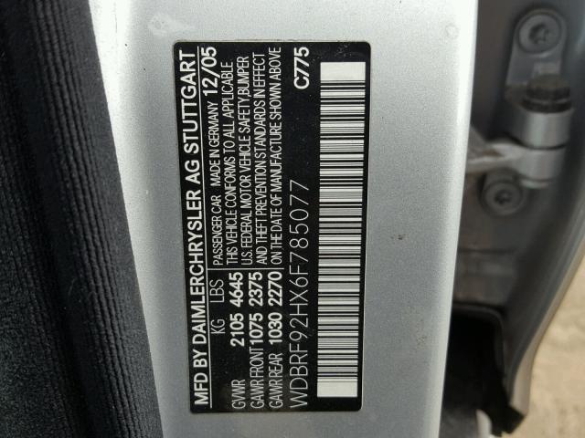 WDBRF92HX6F785077 - 2006 MERCEDES-BENZ C GENERATI SILVER photo 10