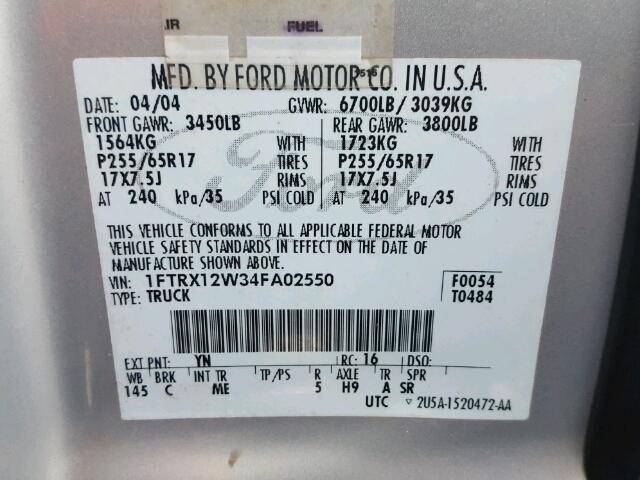 1FTRX12W34FA02550 - 2004 FORD F150 Արծաթագույն լուսանկար 10