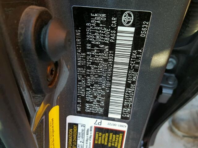 4T1BF1FK6HU349931 - 2017 TOYOTA CAMRY LE ნაცრისფერი ფოტო 10