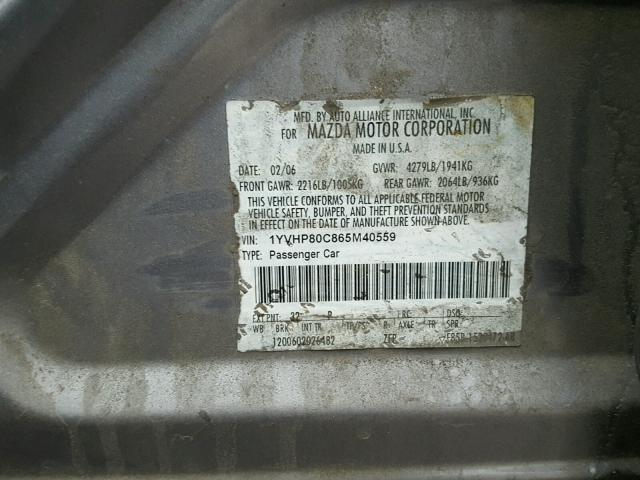 1YVHP80C865M40559 - 2006 MAZDA 6 I Szary zdjęcie 10