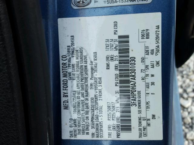 3FAHP0HA7AR301030 - 2010 FORD FUSION SE BLUE photo 10