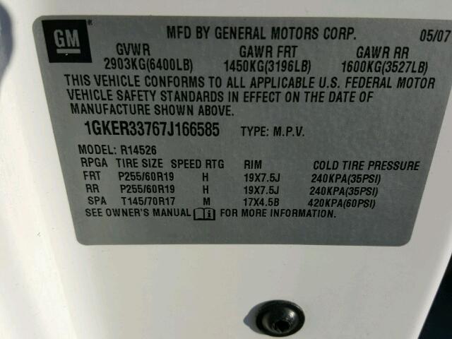 1GKER33767J166585 - 2007 GMC ACADIA SLT Ağ foto 10