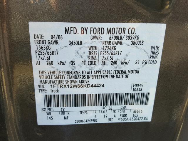 1FTRX12W66KD44424 - 2006 FORD F150 CHARCOAL photo 10