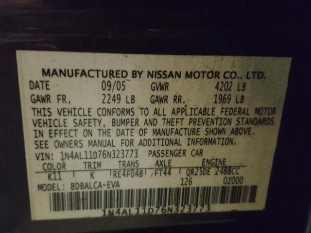 1N4AL11D76N323773 - 2006 NISSAN ALTIMA S GRAY photo 10