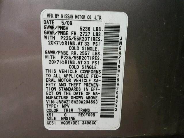 JN8AZ18W29W204693 - 2009 NISSAN MURANO S GRAY photo 10