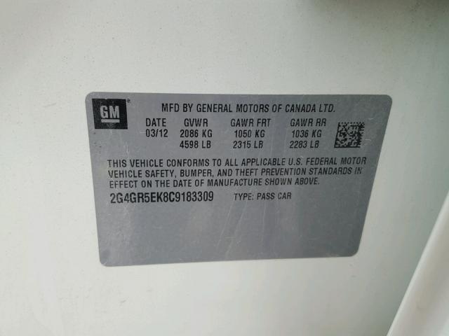 2G4GR5EK8C9183309 - 2012 BUICK REGAL WHITE photo 10