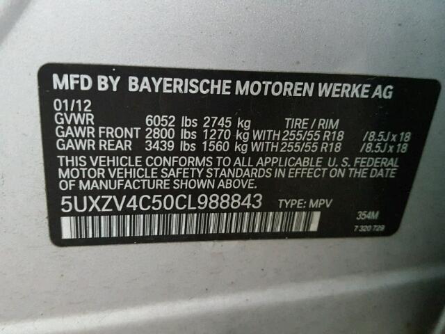 5UXZV4C50CL988843 - 2012 BMW X5 XDRIVE3 SILVER photo 10