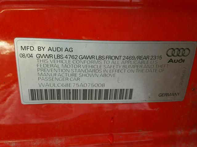 WAULC68E75A075008 - 2005 AUDI A4 1.8T QU RED photo 10