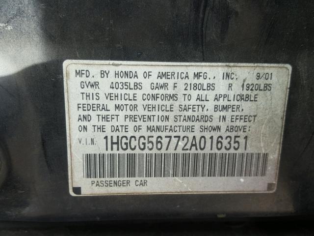 1HGCG56772A016351 - 2002 HONDA ACCORD SE BLACK photo 10