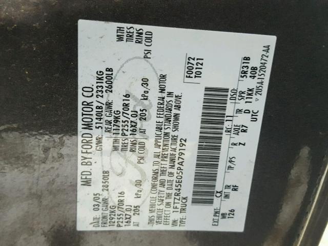 1FTZR45E05PA79192 - 2005 FORD RANGER SUP CHARCOAL photo 10