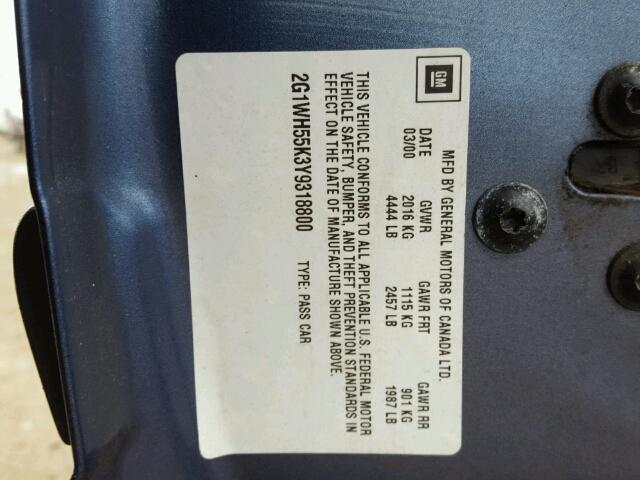 2G1WH55K3Y9318800 - 2000 CHEVROLET IMPALA LS BLUE photo 10