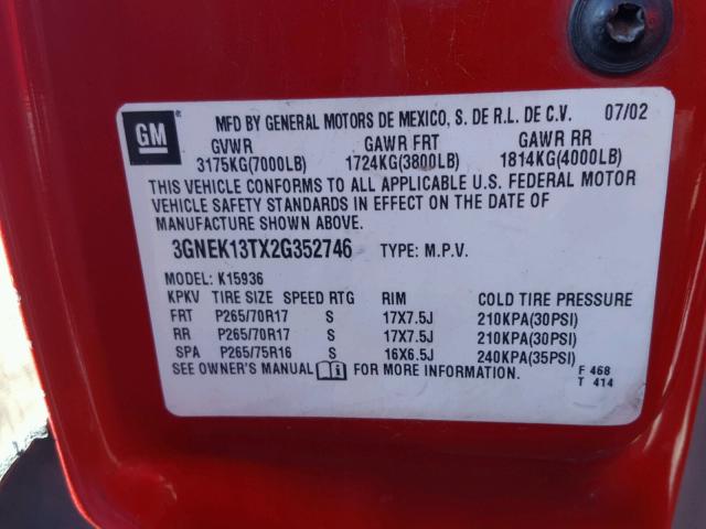 3GNEK13TX2G352746 - 2002 CHEVROLET AVALANCHE RED photo 10