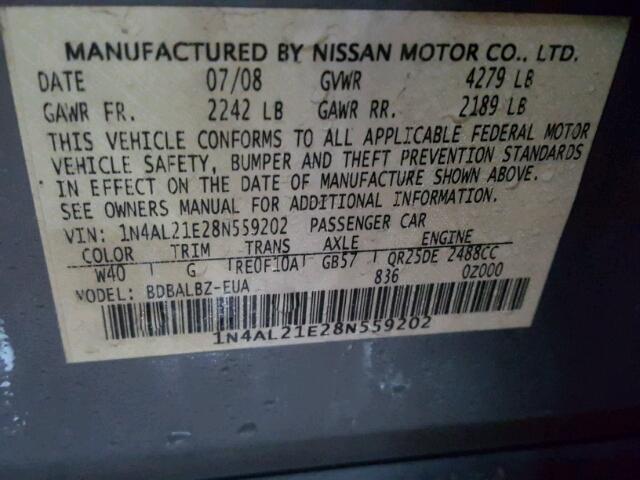 1N4AL21E28N559202 - 2008 NISSAN ALTIMA 2.5 TEAL photo 10