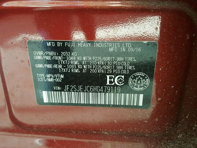 JF2SJEJC6HG479119 - 2017 SUBARU FORESTER 2 RED photo 10