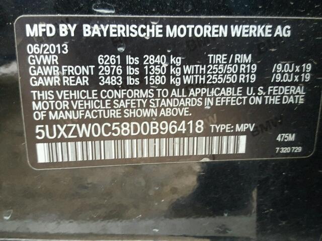 5UXZW0C58D0B96418 - 2013 BMW X5 XDRIVE3 BLACK photo 10