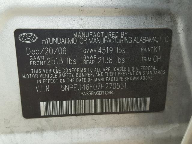 5NPEU46F07H270551 - 2007 HYUNDAI SONATA SE GRAY photo 10