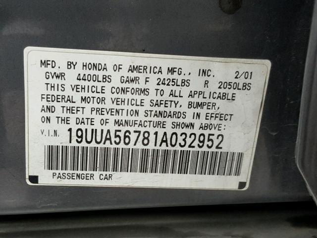 19UUA56781A032952 - 2001 ACURA 3.2TL GRAY photo 10