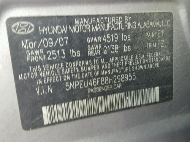 5NPEU46F88H298955 - 2008 HYUNDAI SONATA SE GRAY photo 10