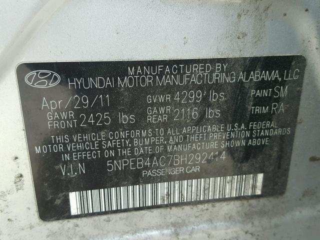 5NPEB4AC7BH292414 - 2011 HYUNDAI SONATA GLS SILVER photo 10