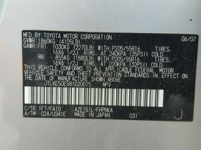 JTLKE50E581020015 - 2008 SCION XB SILVER photo 10