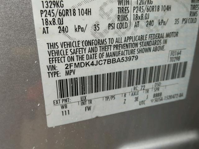 2FMDK4JC7BBA53979 - 2011 FORD EDGE SEL SILVER photo 10