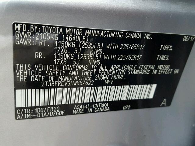 2T3BFREV3HW667622 - 2017 TOYOTA RAV4 LE SILVER photo 10