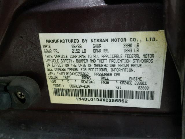 1N4DL01D4XC256862 - 1999 NISSAN ALTIMA XE BURGUNDY photo 10