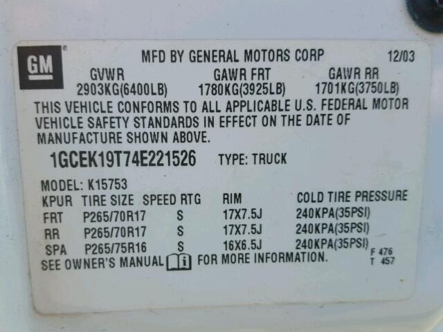 1GCEK19T74E221526 - 2004 CHEVROLET SILVERADO WHITE photo 10