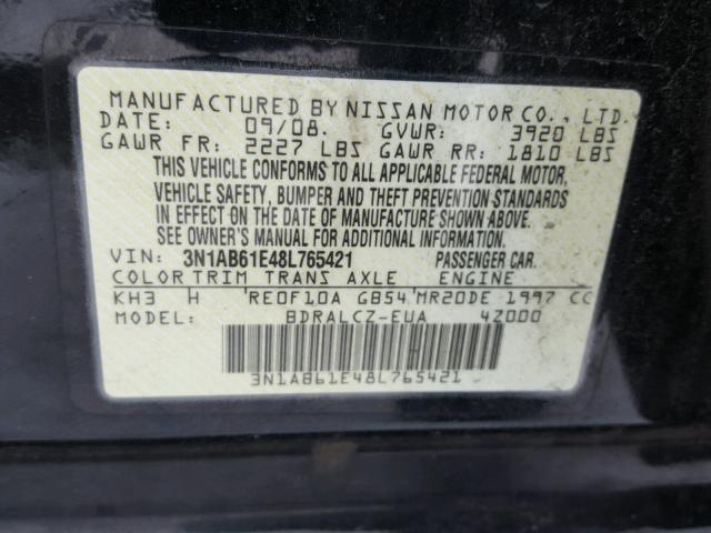 3N1AB61E48L765421 - 2008 NISSAN SENTRA 2.0 BLACK photo 10