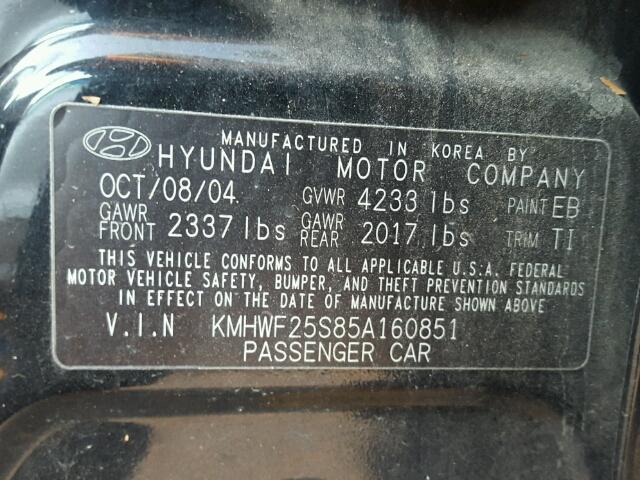 KMHWF25S85A160851 - 2005 HYUNDAI SONATA GL BLACK photo 10