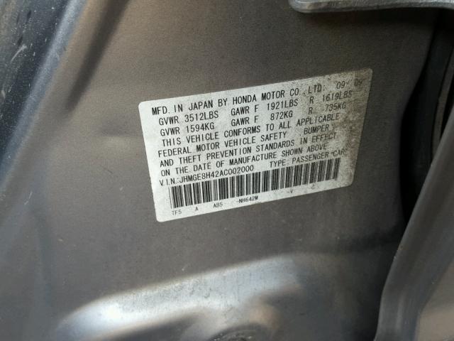 JHMGE8H42AC002000 - 2010 HONDA FIT SPORT SILVER photo 10