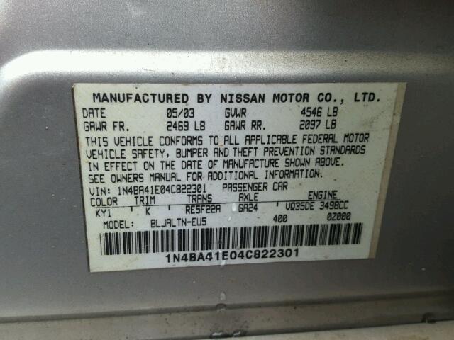 1N4BA41E04C822301 - 2004 NISSAN MAXIMA SE SILVER photo 10