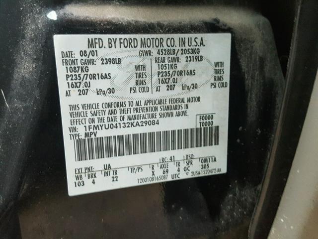 1FMYU04132KA29084 - 2002 FORD ESCAPE BLACK photo 10