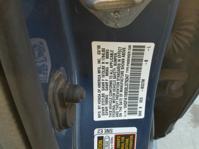 1HGFA16858L079347 - 2008 HONDA CIVIC EX ლურჯი ფოტო 10
