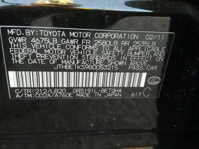 JTHBE1KS9B0053215 - 2011 LEXUS GS 350 BLACK photo 10