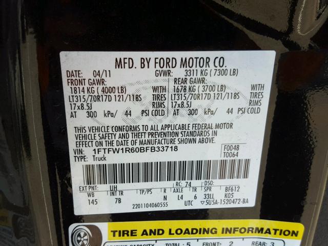 1FTFW1R60BFB33718 - 2011 FORD F150 SVT R CHARCOAL photo 10