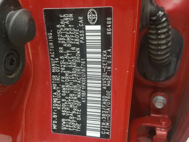 4T1BF1FK0EU787761 - 2014 TOYOTA CAMRY L RED photo 10