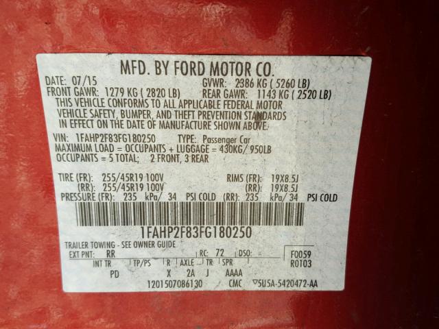 1FAHP2F83FG180250 - 2015 FORD TAURUS LIM RED photo 10