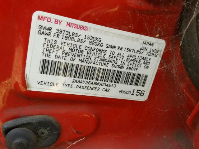 JA3AY26A8WU034213 - 1998 MITSUBISHI MIRAGE DE RED photo 10