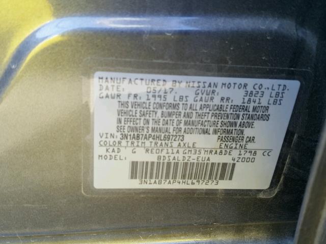 3N1AB7AP4HL697273 - 2017 NISSAN SENTRA S CHARCOAL photo 10