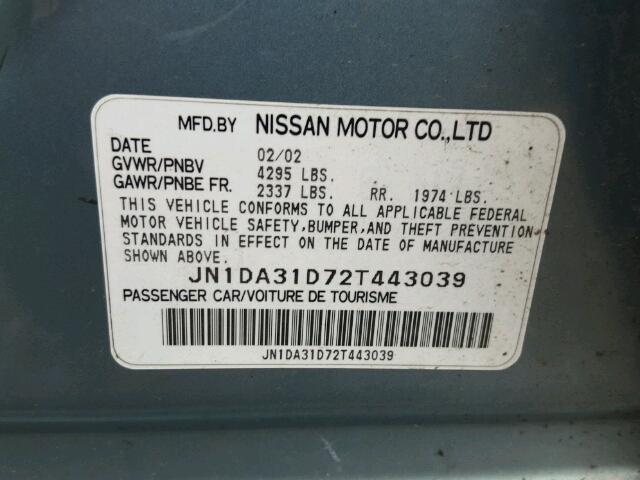 JN1DA31D72T443039 - 2002 NISSAN MAXIMA TURQUOISE photo 10