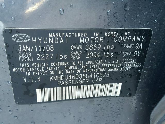 KMHDU46D38U410623 - 2008 HYUNDAI ELANTRA GL BLUE photo 10