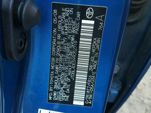 JTDBL40E599052719 - 2009 TOYOTA COROLLA BA BLUE photo 10