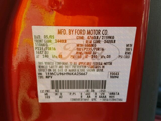 1FMCU96H96KA25667 - 2006 FORD ESCAPE HEV RED photo 10