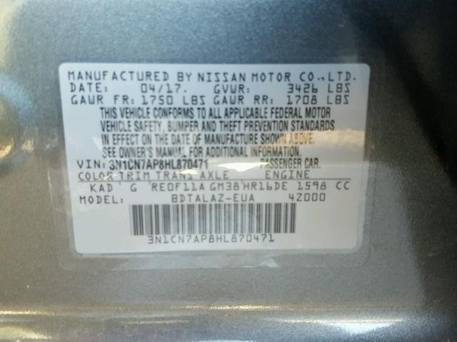 3N1CN7AP8HL870471 - 2017 NISSAN VERSA S GRAY photo 10